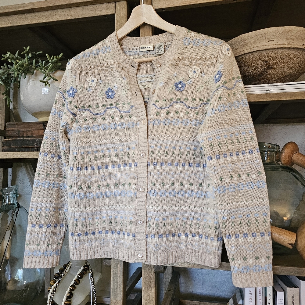 Vintage 90's Cottagecore Granny Cardigan Tan Sage Blue Crochet Floral Embroidery - Picture 1 of 9